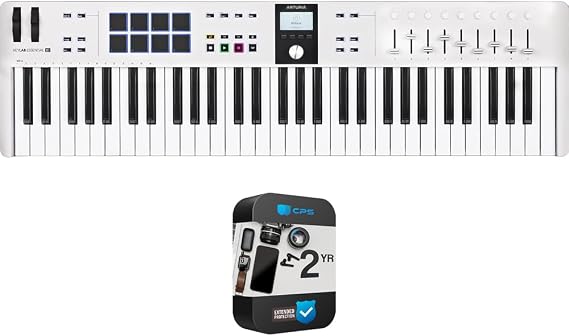 Arturia 231531 KeyLab Essential Mk3 61-Key USB MIDI Controller Keyboard White Bundle with 2 YR CPS Enhanced Protection Pack