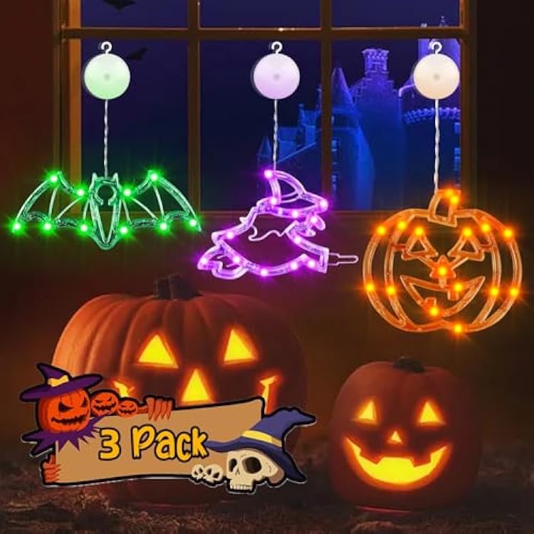 Halloween Decorations - 3 Pack Halloween Lights with Orange Pumpkin, Purple Witch, Window Lights & Hooks, Battery Operated Cute Indoor Party Decor