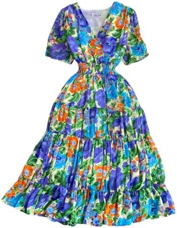ERFMFKL Women Bohemian Floral Printed Midi Dress V-Neck Short Sleeve High Waist Slim Big Swing Dress