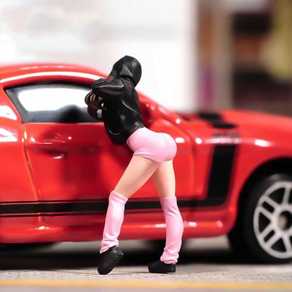 Playful Pose Female Toy Figure, Sunny Girl Figurine, Miniature 1/18-1/87 Scales Girl Figurine of Playful Pose with Raised Leg - Black Hoodie and Pink Leggings, (Colored - 1/64)