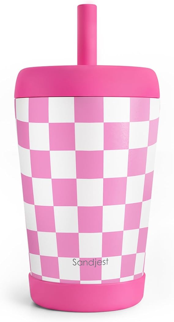 SANDJEST Kid Insulated Stainless Steel Tumbler with Silicone Straw, 12oz Sippy Cup for Kids (Pink Checkerboard)