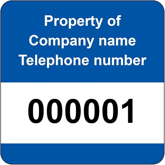 250 Personalised Serial Numbered Asset Tag Labels Custom Stickers- Blue 40mm x 40mm Permanent Vinyl Labels