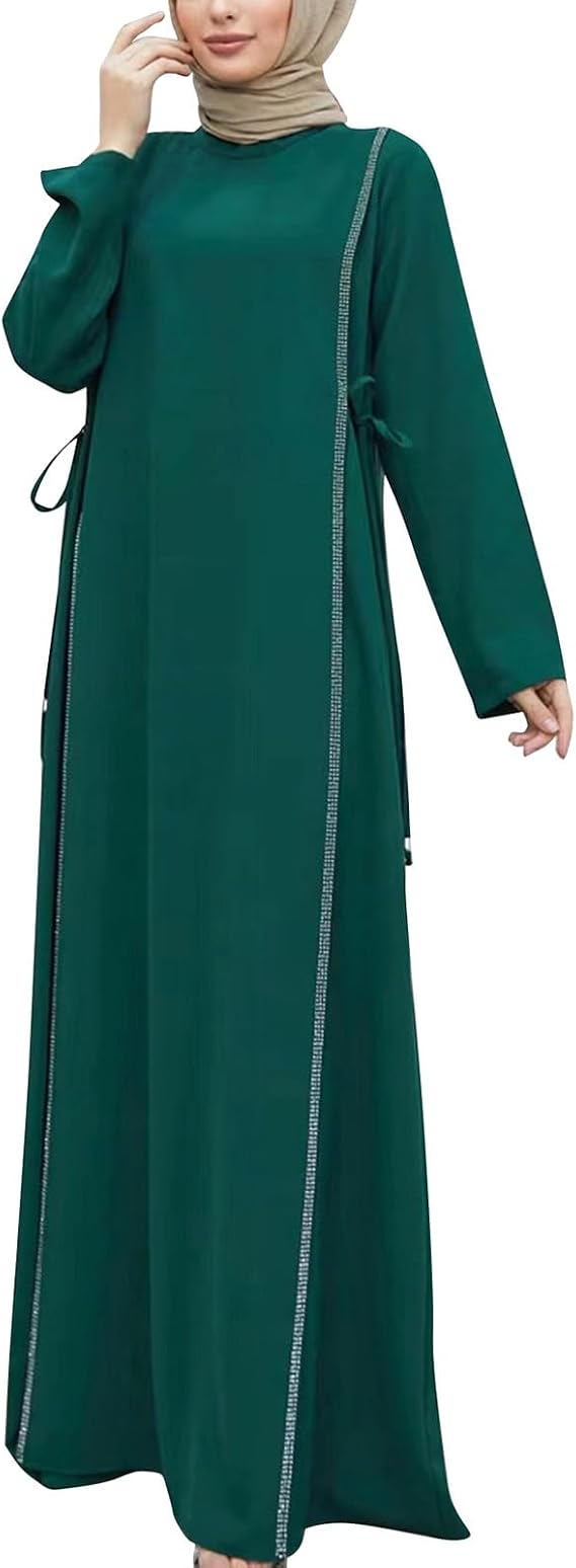 Women's Ramadan Abaya Muslim Long Sleeve Round Neck Lace Prayer Dress Kaftan Dubai Islamic Dress