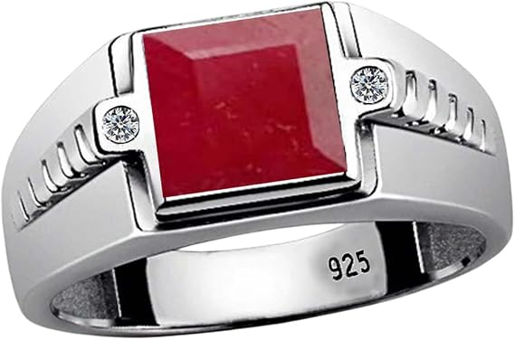 Men's Ruby Gemstone Ring 925 Sterling Silver Ring For Men's Wedding Gift For Him Statement Signet Band Ring Square Cut Ruby Ring (Silver) Size (R) 9
