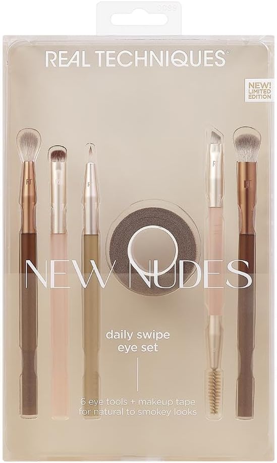 REAL TECHNIQUES Yeni Nudes Daily Swipe Göz Seti, Göz Farı, Liner, Brows, Makyaj Bant, Doğal veya Dumanlı Makyaj Görünümü için, sentetik parıltılar, zulüm içermeyen ve vegan, 7 parça set