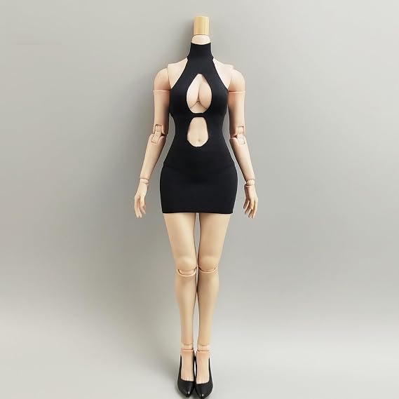 1/6 Scale Female Bodycon Dress Clothing, High-Neck Chest-Cutout Strapless Dress for 12-inches Action Figure Body, 1/6 Female Doll Costume Tight-Fitting Skintight Short Hip Skirt Dress (Black)