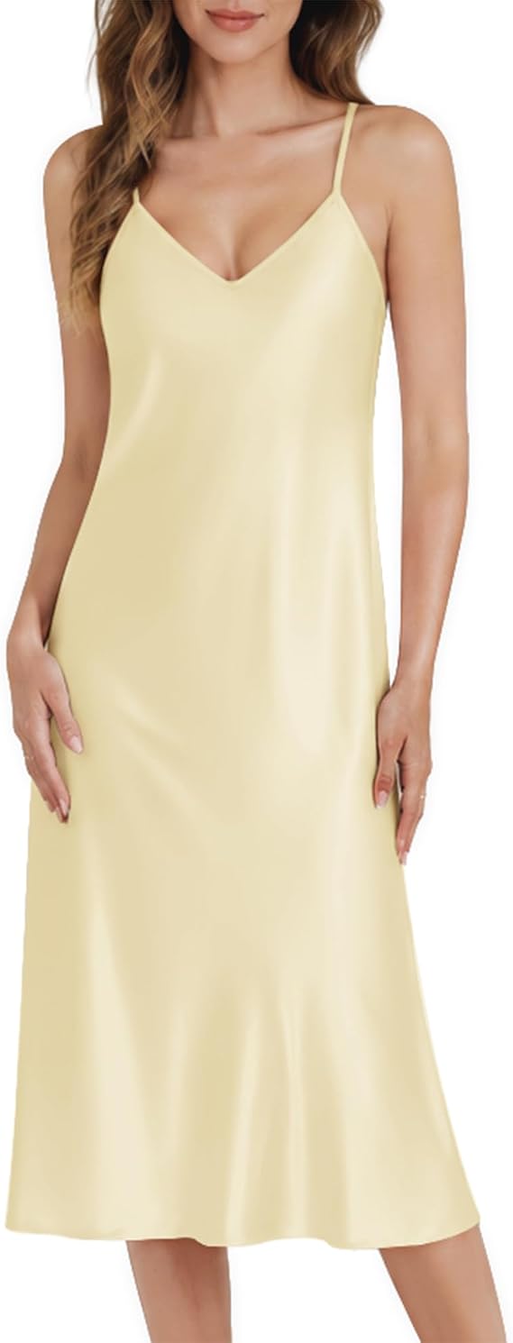 Silk Nightgown for Women Long Satin Sleep Slip Midi Dress V Neck Chemise