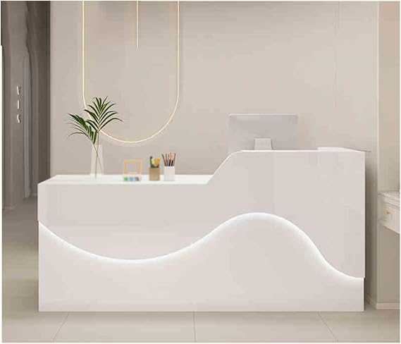 Stylish Modern Reception Desk with Spacious Desktop & Ample Storage, Elegant Front Office Furniture, Atmosphere Lighting Design, Practical & Beautiful (White, Left 140CM)