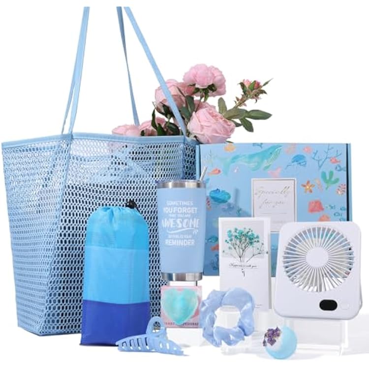 Beferr Mothers Day Beach Gifts Basket for Women, 79 X 83 Beach Blanket Waterproof Sandproof, Beach Mesh Tote Bags, Birthday Baskets for Her Wife Mom Sister Grandma Friend