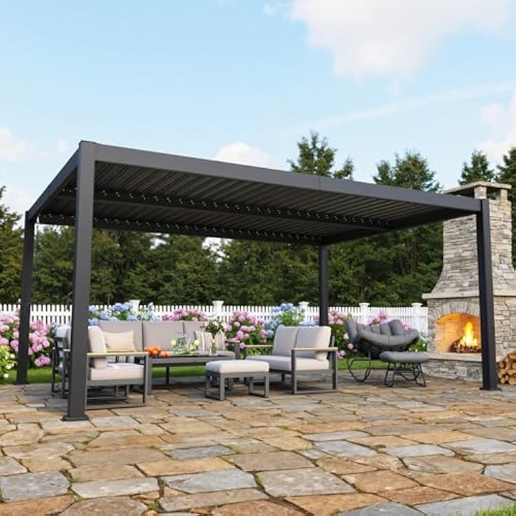 Kiss the Water Louvered Pergola 12x16, Patio Outdoor Pergola with Adjustable Rainproof Roof and Gutter System, Metal Hardtop Gazebo for Patio, Deck, Garden, Yard, Dark Gray