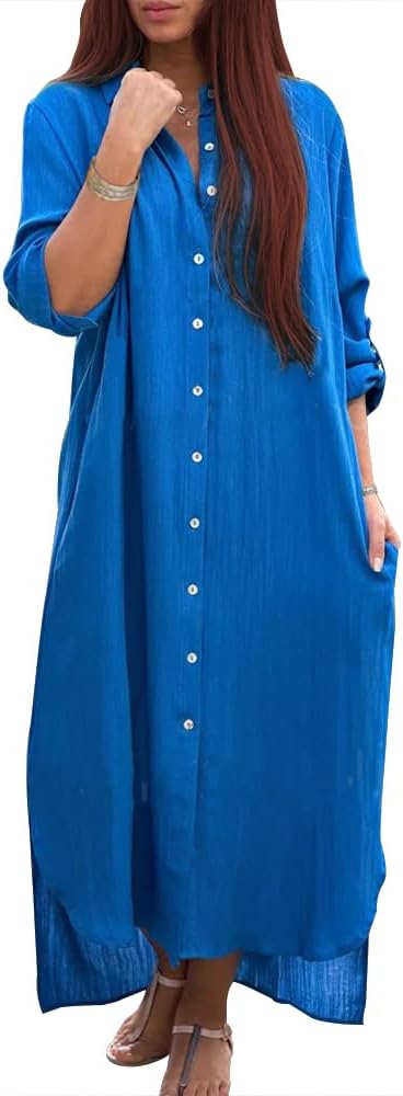 Long Sleeve Button Down Long Shirt Dress for Women Summer Solid Lapel Collar Side Split Hem Maxi Kaftan Dresses
