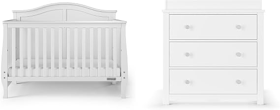 Child Craft Camden Design 4-in-1 Convertible Baby Crib Nursery Furniture Set, Baby Bed and 3 Drawer Dresser, for Babies, Toddlers and Kids Bedroom (2 Piece - Matte White)
