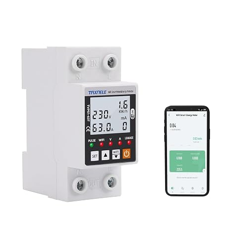 WiFi Smart Energy Meter AC 63A 80-300V WiFi Smart Earth Leakage Over Under Voltage Protector Relay Device Switch Breaker Energy Power kWh Meter Smart Life 110V,Compatible with Alexa Google Home