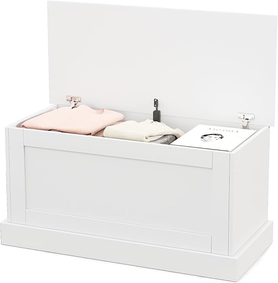 35.5-inch Wooden Storage Bench, Lift Top Storage Box (White) | Large Storage Chest | Farmhouse Storage Trunk | Metal Hinges | Safety Hydraulic Strut | For Living Room, Bedroom, Entryway