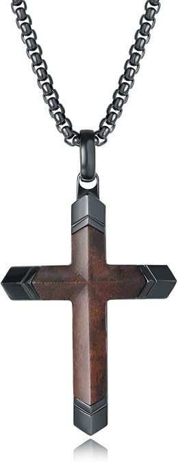 Wooden Cross Necklace for Men, 18K Gold Plated Stainless Steel Mens Cross Necklaces Hand Inlaid Real Ebony, Christian Black Wood Crucifix Pendant 24" Box Chain