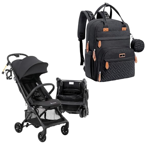 BabbleRoo Hoplite Travel Stroller & Original Diaper Bag Black
