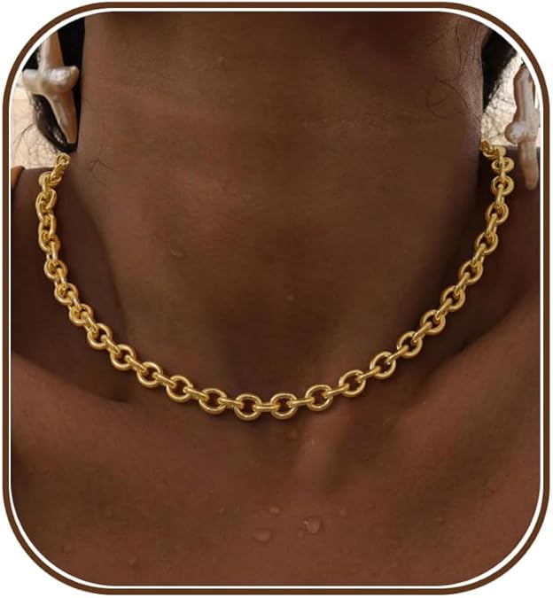 Chunky Gold Necklace for Women, 14K Gold Plated Cuban Link Paperclip Chain Necklace Charm Layered Necklaces for Women Trendy Statement Herringbone Choker Necklace for Women Thick Gold Jewelry