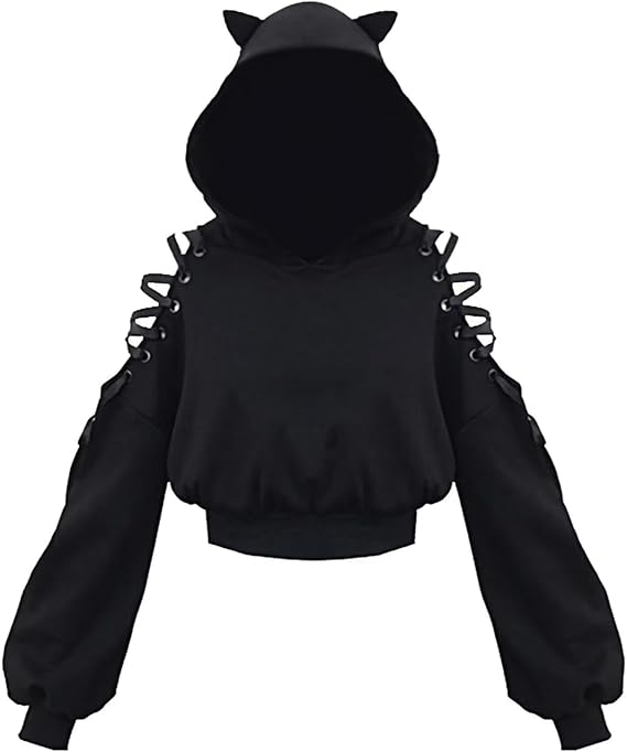 Dolpind Womens Cat Ear Hoodie Sweatshirt Long Sleeve Sweater Off Shoulder Cat Cute Crop Top Hoodies Pullover