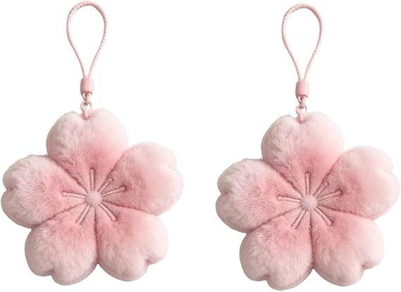 Plush Cherry Blossom Keychain, Kawaii Japanese Flower Keyring, Soft Fluffy Charm for Purse, Tote, Backpack, Car Keys