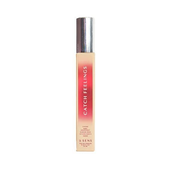 5 SENS Catch Feelings Eau de Parfum Travel Spray (10 mL) - Clean, Lasting Fine Fragrance - Warm, Floral with Lychee, Ruby Grapefruit, Damask Rose, Vetiver & Suede - Vegan, Cruelty-Free