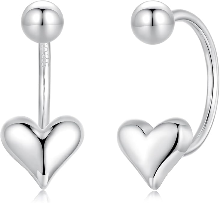 Kokoma 925 Sterling Silver Heart Earrings for Women Love Heart Half Hoops Earrings Ball Screw Back Minimalist Cartilage Studs for Valentine Birthday