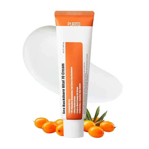 PURITO Sea Buckthorn Vital 70 Cream for Sensitive Skin, 1.70 fl.oz | Essential Oil-Free Cream, Vitamin Tree Extract, Brightening & Soothing, Daily Moisturizer, K-Beauty