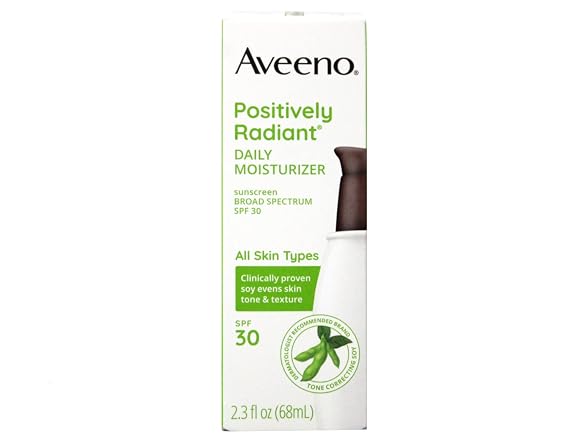 Aveeno Positively Radiant Daily Facial Moisturizer with Total Soy Complex and Broad Spectrum SPF 30 Sunscreen, Oil-Free and Non-Comedogenic, 2.5 fl. oz