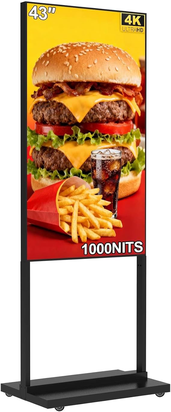 43Inch 4K Inch Floor Standing Digital Signage, 1000nits High Brightness Advertising Display, Digital Signage with CMS/U-Disk Plug&Play, Split Screen, 7/24 Timer switch,HDMI/USB/WiFi/Android OS