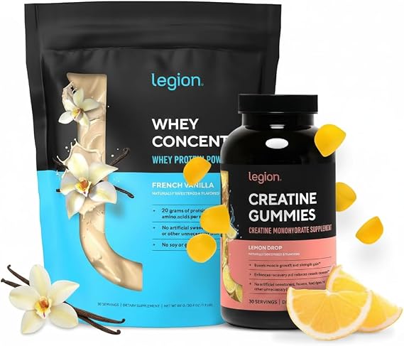 LEGION Performance Support Stack Creatine Monohydrate Gummies (Lemon Drop, 30 Servings) + Whey Protein Powder (Vanilla, 30 Servings)
