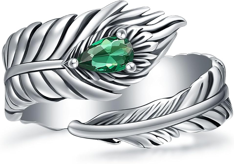 Turquoise Feather Ring 925 Sterling Silver Vintage Wide Feather Rings Women Men Turquoise Western Style Jewelry gifts Wrap Thumb Ring Open Size 4-11