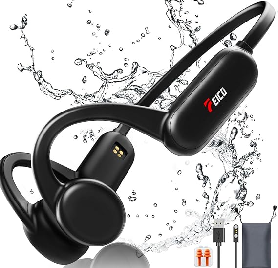 FEICO Kemik İletimli Kulaklık, Bluetooth 5.3 Mikrofonlu Açık Kulak Kulaklığı | MP3 Modu Dahili 32 GB ve 10 Saat Çalma Süresi, IP68 Su Geçirmez Kemik İletimi, Koşu, Bisiklet, Yüzme için (Siyah)