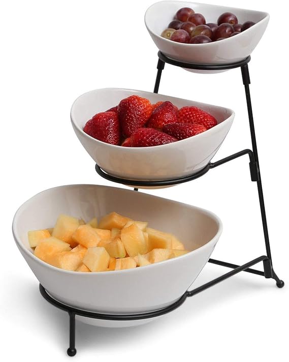 Gibson 3 Tiered Oval Chip And Dip Set With Metal Rack, Three Tier Dessert And Snack Server