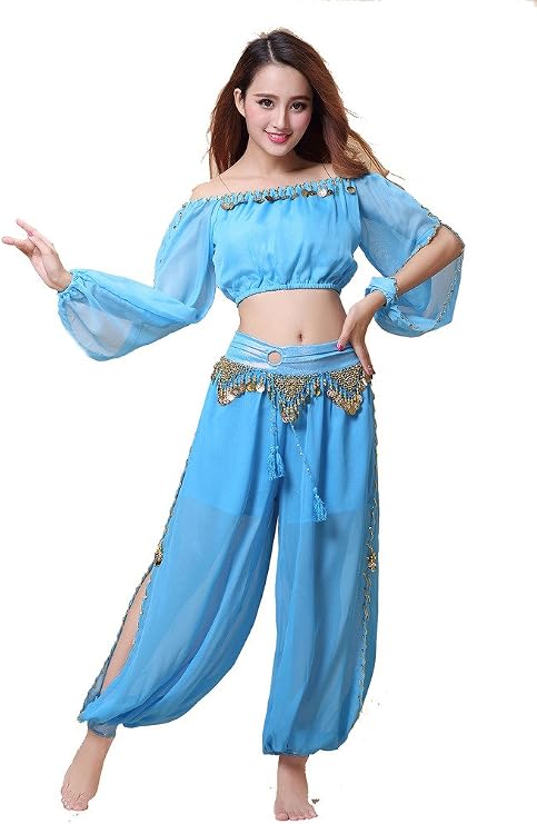 Belly Dance Chiffon Long Sleeves Top and Lantern Coins Pants Black, One Size