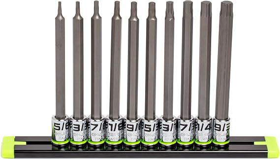 GRIPEDGE HEX Bit Socket Set |10-PC - 1/4'' Drive Long SAE RPT Hex Driver Set | Sizes 5/64-9/32" | Made With S2 Steel | Includes Premium Aluminum Storage Rail |
