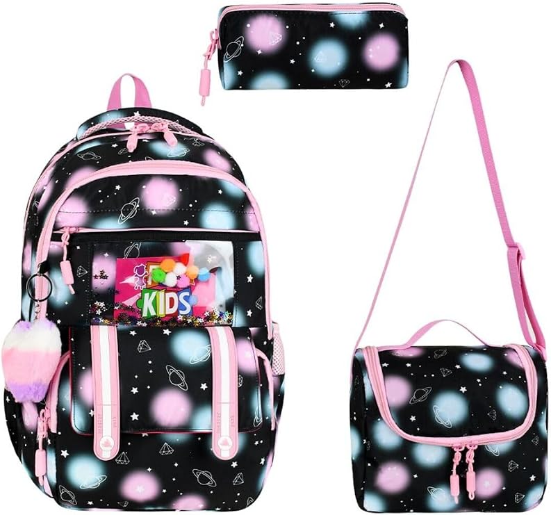 Çok Bölmeli FUN KIDS Okul Çantası, Beslenme Çantası ve Kalemlikli Üçlü Set, Siyah Pembe