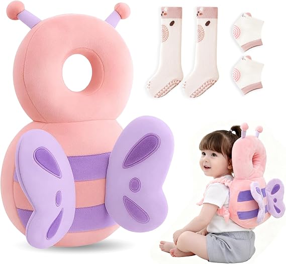 Baby Head Protector Backpack, Adjustable Size Head Protection for Baby, Soft Pillow with Crawling Non Slip Grip Socks ＆ Knee Pads for Baby Learning Walking