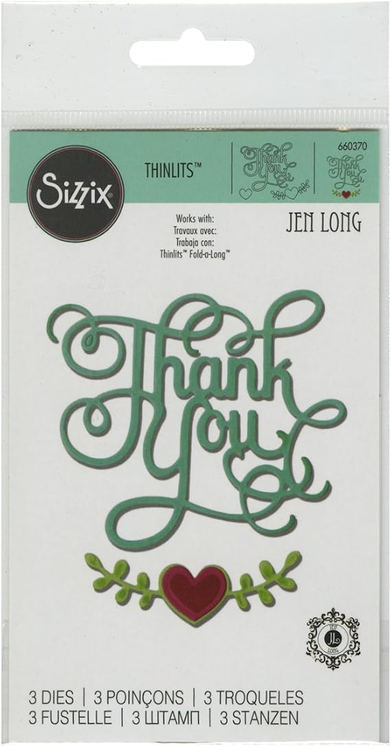 Sizzix 660370 Thinlits Die Set, Phrase, Thank You with Hearts by Jen Long (3 Pack)