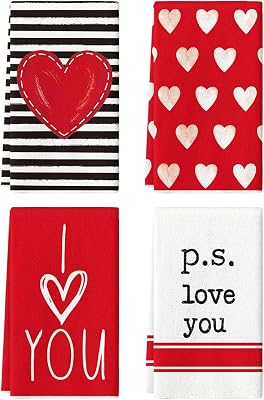 Artoid Mode Red Heart Stripe I Love You Valentines Kitchen Towels Dish Towels, 18x26 Inch Farmhouse Wedding Decoration Hand Towels Set of 4