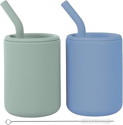 WeeSprout Silicone Baby Cups With Straws and Lids, 4 & 8 oz Options, Set of 2, Food Grade Toddler Training Container, Built In Straw Stoppers, Measurement Markings, Dishwasher Safe  Straw Cleaner