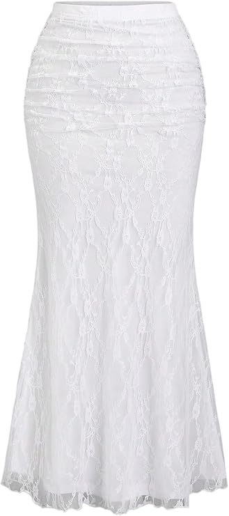SHENHE Women's Elegant Lace Long Skirt Elastic High Waisted Ruched Bodycon Fishtail Skirt