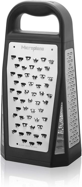 Microplane Elite Five Blade Box Grater with Measuring Cup Base, Five Grating Surfaces Including Fine, Coarse, Double-Sided Ribbon, Ultra-Coarse, and Slicer - Black