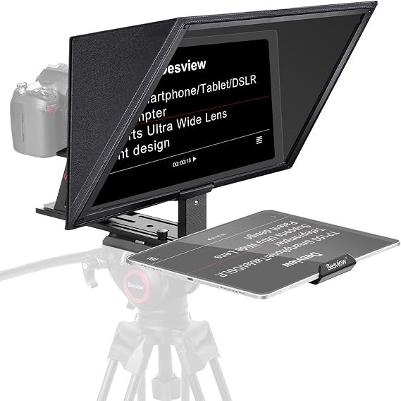 Desview TP150 teleprompter 15 inch High Display Mirror Aluminum Alloy Teleprompter with Remote Control Compatible with ipad DSLR Camcorders Easy Assembly with Carry Case for Video Making
