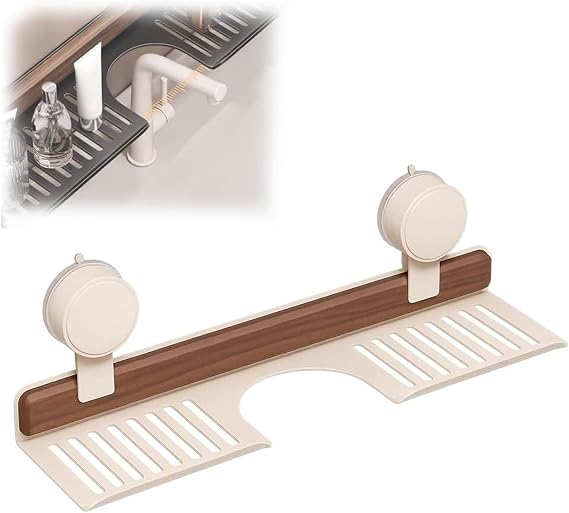 Suction Cup Bathroom Shelf,Walnut Shelf,No-Drill Wall-Mounted Vanity,Removable Wall Mounted Sink Over Faucet,Aluminum Caddy U Shaped Shower,For Bathroom Kitchen(40cm,White)