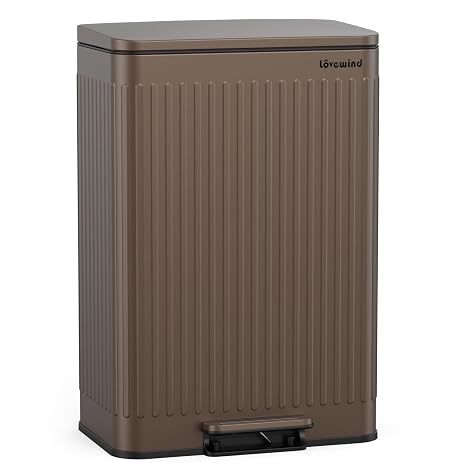 lovewind 60L Large Kitchen Trash Can, Brown Stainless Steel Step Bin with Soft-Close Lid,Inner Buckets with Handles & Bag Fixer, Roman Pattern, Odor-Proof, Easy Clean for 3-6 Person Household