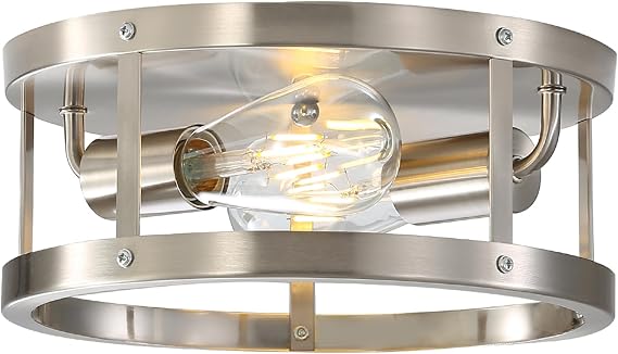 2-Light Industrial Flush Mount Ceiling Light Fixture,Brushed Nickel Farmhouse Ceiling Light Fixture,Modern Light Fixtures Ceiling Mount for Kitchen Bedroom Living Room Hallway 1 Pack
