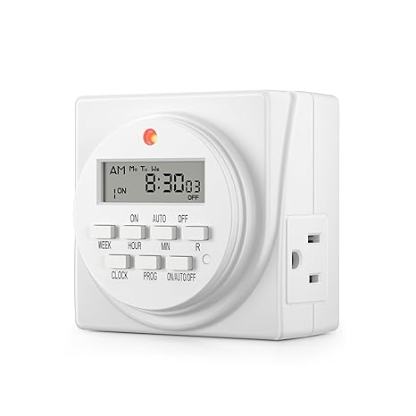 BN-LINK Indoor Digital Timer Outlet, Dual Outlet 7 Day Programmable Light Switch, 3 Prong Plug in Timers for Electrical Outlets, Lamps, Fans, 8 OnOff Programs, 1 Pack, 15A1875W, ETL Listed