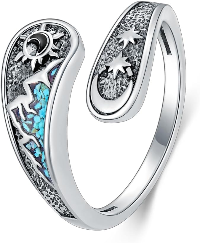 MONGAS Sun and Moon/Hummingbird/Hammerhead Ring Sterling Silver Created Turquoise Moon and Sun Ring Mountain Spoon Sun and Moon Jewelry For Women 7/8/9