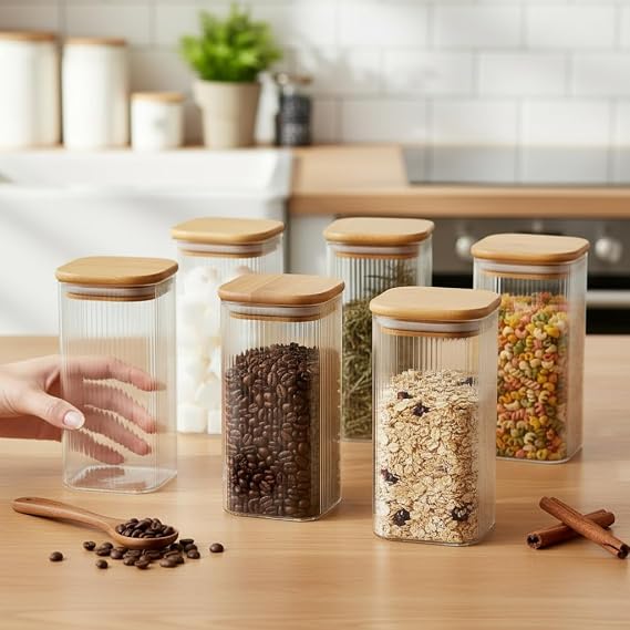 Deconox 6'lı Set 425 ml Bambu Kapaklı Kare Cam Kavanoz - 6x12 cm Vakumlu Uzun Boy Şeffaf Erzak Kabı Kahve Çay Baharatlık ve Mutfak Düzenleyici Organizer Saklama Kutusu