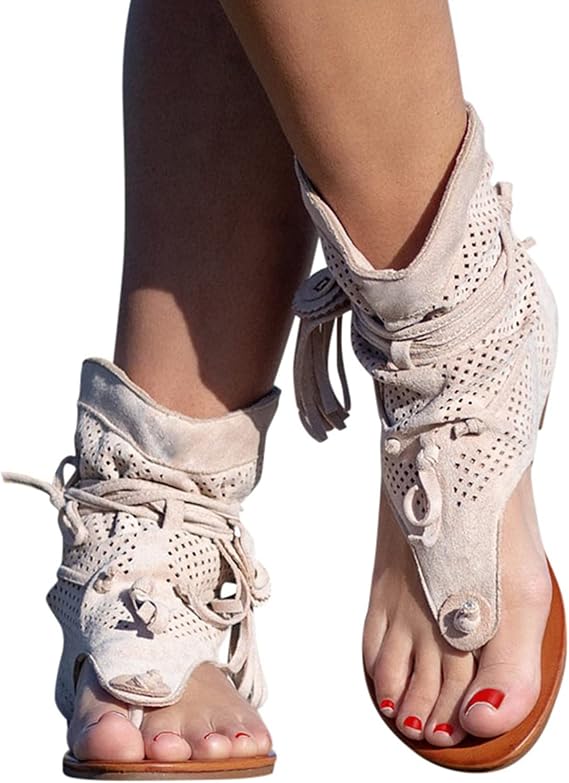 Women'S Sandals Tassel Ankle Boots, Retro Bohemian Sandals Beach Travel Shoes Clip Toe Flip Flops High Top Flat Casual Dressy Sandals