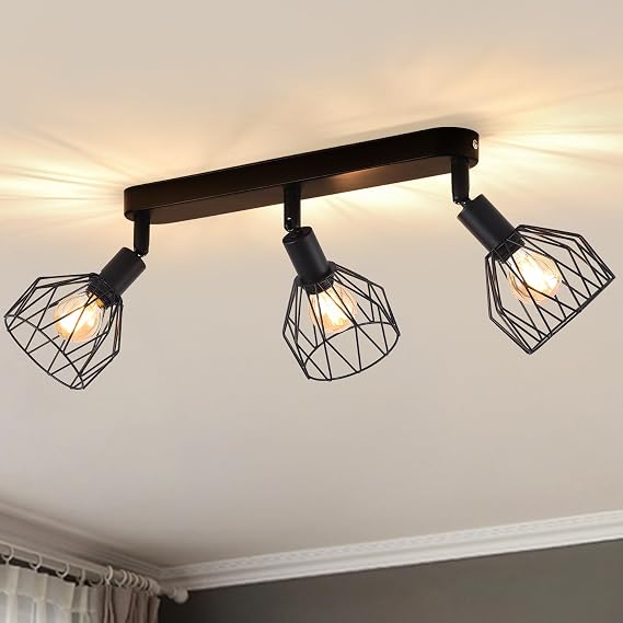 ANWIO Spot Light Fittings Ceilings,Kitchen Lights Ceiling with E14 Base Metal Wire Cage,Adjustable Black 3 Way Spotlights Ceiling Light,Ceiling Lights for Living Room [Energy Class A]